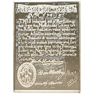 1690 MA. 5 Shillings Sterling Silver Banknote Franklin Mint Replica, Gem Unc.