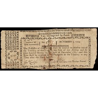 Colonial Currency, Very Rare NH. November 3, 1775 2s6d Note PCGS Graded Fine-12