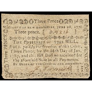 Colonial Currency, New Hampshire June 28, 1776 3 Pence Note Ex: Robert Vlack