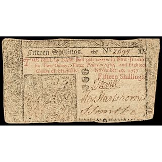 Colonial Currency, November 20, 1757 New Jersey Fifteen Shillings Note Choice VF