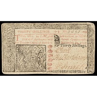 Colonial Currency, New Jersey. November 20, 1757. Thirty Shillings Ch. Very Fine