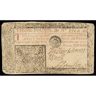 Colonial Currency, Choice November 20, 1757 New Jersey Three Pounds Note