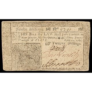 Colonial Currency, April 12, 1760 New Jersey Twelve Shillings Colonial Note