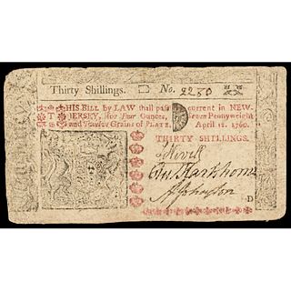 Colonial Currency, New Jersey. April 12, 1760. Thirty Shillings. Plate D. VF