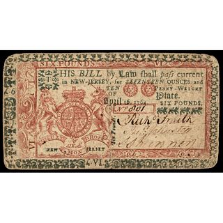 Colonial Currency April 16, 1764 Six Pounds Red + Blue New Jersey Note PMG VF-25
