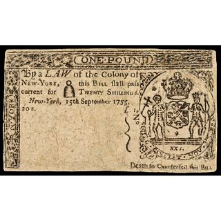 Colonial Currency, New York September 15, 1755 Twenty Shillings PMG VG-10