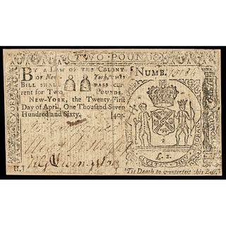 Colonial Currency, Scarce New York. April 21, 1760. Two Pounds. Backed. Fine