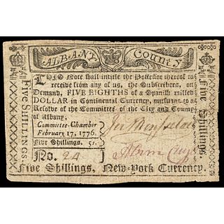 Colonial Currency, N.Y. City of Albany Feb. 17, 1776. 5s in CONTINENTAL CURRENCY