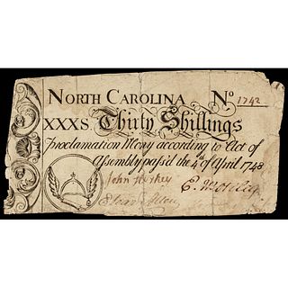 Colonial Currency Note 1748 North Carolina with Winged Stirrup Vignette