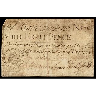 Colonial Currency, March 9, 1754 NC. Eight Pence. Butterfly Vignette. PCGS F-15