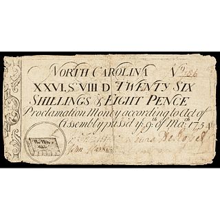 Colonial Currency Note, NC. Mar. 9, 1754 Act, 26s8d The Holy Bible vignette