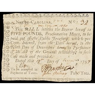 Colonial Currency, NC. November 21,1757 5 Payment Not Hyphenated VF
