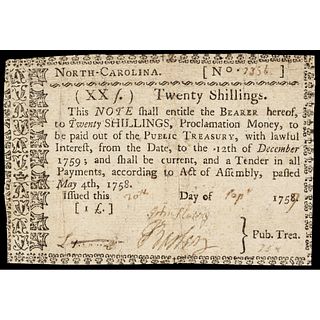 Colonial Currency Note, NC, May 4, 1758, 20 Shillings. PCGS graded Very Fine-20