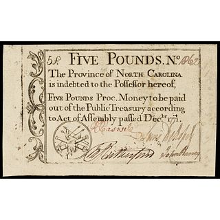 Colonial Currency, North Carolina. December 1771. Five Pounds. PCGS EF-40 PPQ