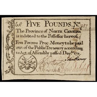 Colonial Currency, NC. Dec. 1771. Five Pounds. Drum, Cannon + Flags. PCGS EF-45