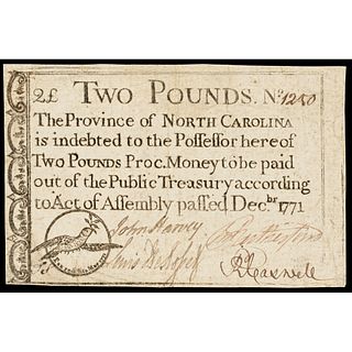 Colonial Currency, North Carolina December 1771 Two Pounds Bird + Olive Branch