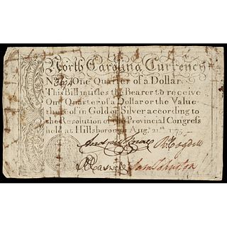 Colonial Currency, August 21, 1775 North Carolina Hillsborough Act $1/4 KEY Note