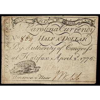 Colonial Currency, April 2, 1776 North Carolina $1/2. N. American Bear Vignette