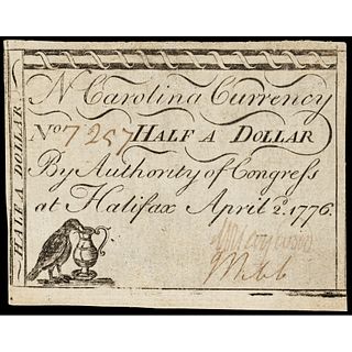Colonial Currency, North Carolina. April 2, 1776. $1/2 Crow + Pitcher. Choice EF