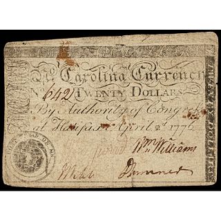 Colonial Currency, NC. April 2, 1776 $20 Rattlesnake DON'T TREAD ON ME PMG VF-30