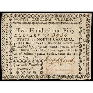 Colonial Currency North Carolina May 10, 1780 Act $250 (T in This Not Boxed) VF