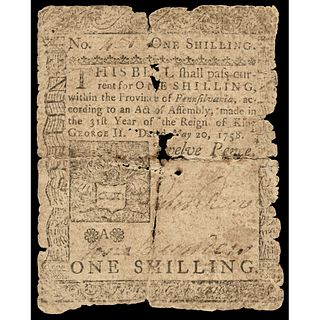 Colonial Currency, Benjamin Franklin Printed. Penn. May 20, 1758 1s Major Rarity