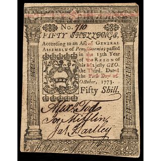 Colonial Currency, Pennsylvania. October 1, 1773. Fifty Shillings. Extremely Fine