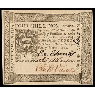 Colonial Currency, March 25, 1775 4s. Cape Henlopen Lighthouse, Gem Crisp Unc.
