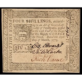 Colonial Currency PA. March 25, 1775 4s Cape Henlopen Lighthouse Issue Crisp Unc