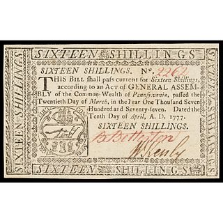 Colonial Currency. Pennsylvania April 10, 1777 Sixteen Shillings GEM Crisp Unc.