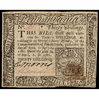 Colonial Currency, Pennsylvania. April 20, 1781. 30 Shillings. PMG graded Very Fine-30