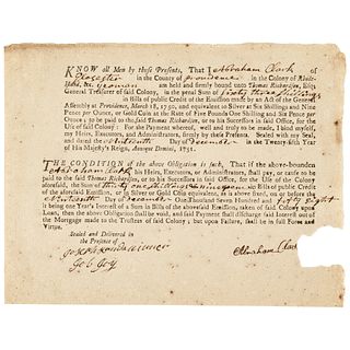 RI. Money Bond for Bills of Public Credit (Paper Money) Emission March 18, 1750