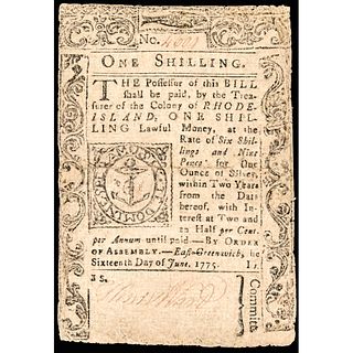 Colonial Currency, RI. June 16, 1775. 1 Shilling. Revolutionary War Note Fine
