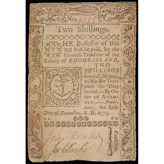 Colonial Currency, RI. November 6, 1775. 2 Shillings. Circulated. Very Fine