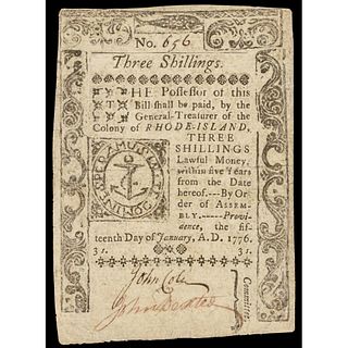 Colonial Currency, RI. January 15, 1776. 3 Shillings PASS-CO graded Very Fine-35