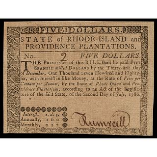 Colonial Currency RI, July 2, 1780 $5 United States Guaranteed PMG SERIAL NO. 2 