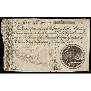 South Carolina Provincial Congress Note June 1, 1775. 50 Pounds Choice Very Fine