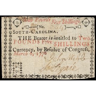 Colonial Currency, South Carolina March 6, 1776 Printed with Hebrew Text Letters