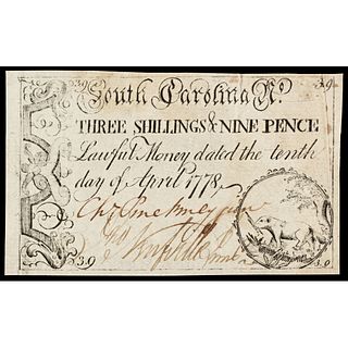 Colonial Currency CHARLES PINCKNEY, JR Signed South Carolina Note April 10, 1778