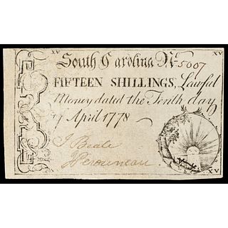 Colonial Currency, South Carolina April 10, 1778 15 Shillings SUN. Ch. Very Fine