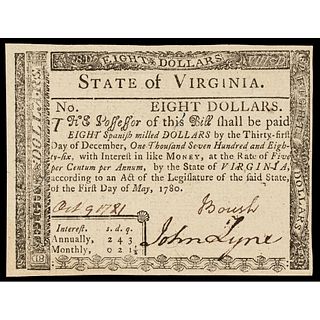 Colonial Currency, Virginia May 1, 1780 $8 w/5% Interest Gem Crisp Uncirculated