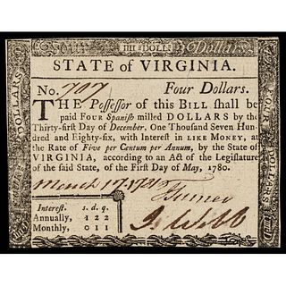 Colonial Currency, VA. May 1, 1780 $4 Guaranteed US Issue Fully Signed PMG AU-55