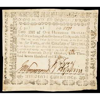 Colonial Currency, Virginia October 16, 1780 $100 Type with Printed Back VF