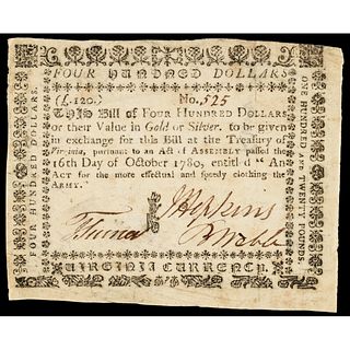 Colonial Currency, October 16, 1780 Virginia $400. Act for Clothing for the Army