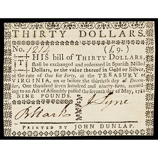 Colonial Currency, Virginia. May 7, 1781 Act. Thirty Dollars Choice Crisp AU