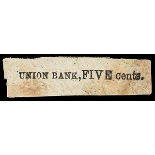 War of 1812 Rectangular Union Bank Five Cents Chit Printed on Wallpaper Unique