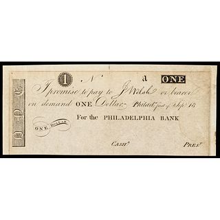 Philadelphia, PA. Philadelphia Bank. c. 1800s. One Dollar. Genuine. Remainder