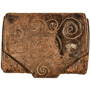 18th Century Decorated Leather Wallet with Ornate Decorative Stitched Design