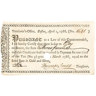 1786 Massachusetts Treasurers Office Tax Certificate Anderson MA-37