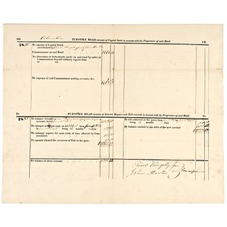 1834-35 COLUMBIA TURNPIKE Danbury to Ridgefield, CT. Accounting Document